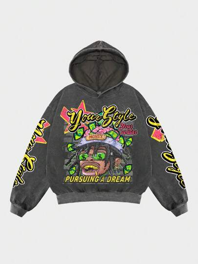 Street Life Sudadera con capucha de manga larga con gráficos de letras y figuras desteñidos y desgastados para hombre, estilo calle vintage