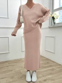 RueChic Casual Oversize V Neck Flare Sleeve Sweater & Maxi Rib Knit Sweater Skirt 2 Piece Set - Pink - View 5