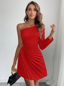 Firerie 女士优雅纯色不对称领口褶皱迷你连衣裙，秋季 - 紅色 - 查看 1