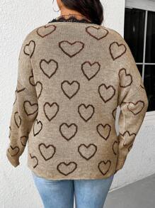 Celure Plus Size Women Gray Contrast V-Neck Open Shoulder Heart Pattern Lash Lace Trimmed Casual Sexy Sweater, Autumn/Winter - Khaki - View 2