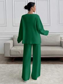 EURMUSE Women V-Neck OverSize Sweater And Knit Pant Set - Hijau - View 7