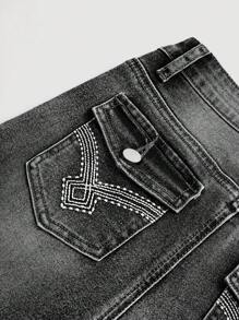 SHEIN Girlism Tween Girl Y2k Stonewashed Embroidery Detail Denim Flare Leg Jeans With Slanted Pocket - Black - View 3