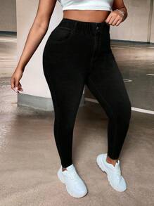 SHEIN SXY Plus Size Women Pocket Decor Skinny Casual Jeans
