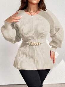 SHEIN Unity 大码休闲日常简约腰部插肩袖毛衣，秋冬针织套头衫 - 杏色 - 查看 6