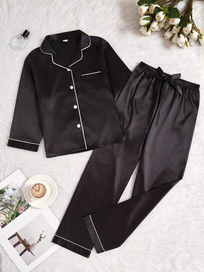 2 件套青少年女孩简约黑色纯色开衫，3/4 袖，长裤，蝴蝶结装饰家居服