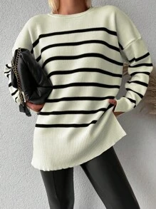 EURMUSE Striped Pattern Drop Shoulder Sweater - Beige - View 5