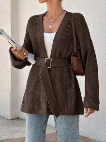 EURMUSE Women Oversize Asymmetric Shaped With Belt Detailed Rib Knitted Cardigan - Brown - View 7