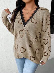 Celure Plus Size Women Gray Contrast V-Neck Open Shoulder Heart Pattern Lash Lace Trimmed Casual Sexy Sweater, Autumn/Winter - Khaki - View 5