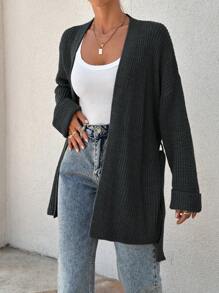 EURMUSE Women Oversize Asymmetric Shaped With Belt Detailed Rib Knitted Cardigan - Dark Grey - View 4