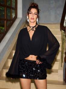 Daniela Ricciardelli Designer Chiffon Semi-Sheer Tie Cuff Feather Detail Elegant Blouse, For Holiday, Vacation, Spring & Summer, Festival, Ibiza Fits - Black - View 5