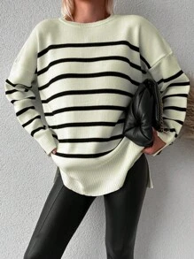 EURMUSE Striped Pattern Drop Shoulder Sweater - Beige - View 3