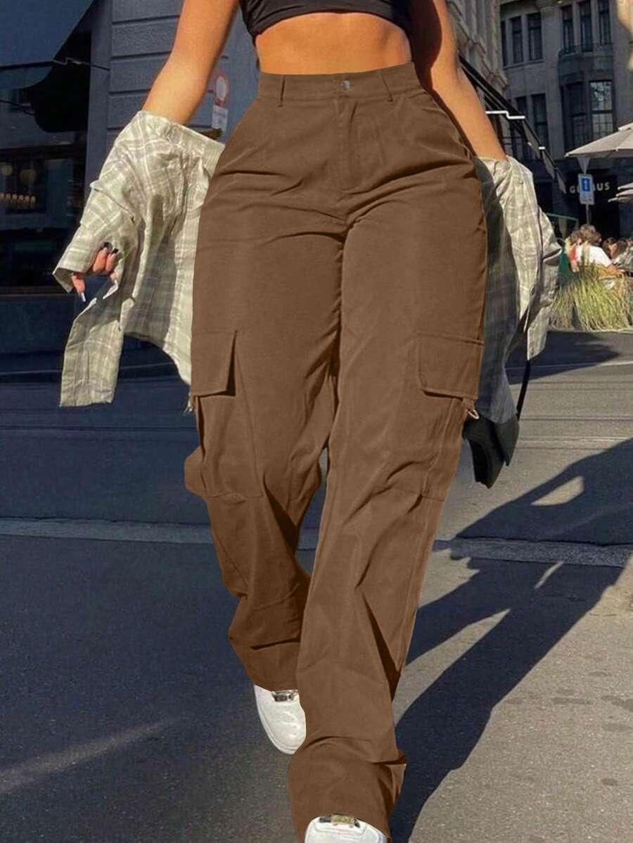 Plus Size Women Solid Color Straight Loose Casual Cargo Pants