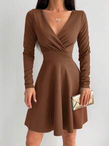 EURMUSE Solid Color Wrap Style Pleated Dress - Camel - View 4