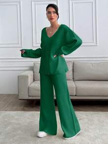 EURMUSE Women V-Neck OverSize Sweater And Knit Pant Set - Hijau - View 5