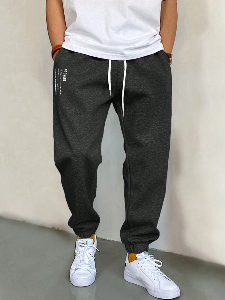 EURMUSE Cotton Men Slogan Graphic Drawstring Waist Sweatpants - Dark Grey - View 3