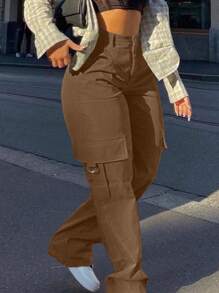 Plus Size Women Solid Color Straight Loose Casual Cargo Pants