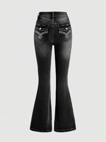 SHEIN Girlism Tween Girl Y2k Stonewashed Embroidery Detail Denim Flare Leg Jeans With Slanted Pocket - Black - View 1