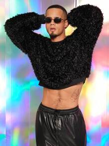 FeverCity Men's Casual Solid Color Fuzzy Fleece Crew Neck Sweatshirt, For Fall Winter - Black - View 4