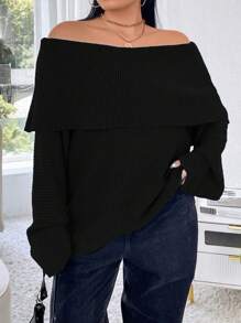 Calvaya Plus Size Women Casual Solid Color Foldover Off Shoulder Lantern Sleeve Ribbed Knit Sweater Knit Pullover Fall Winter - Black - View 4