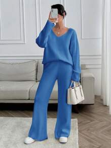 EURMUSE 女士 V 领宽松毛衣和针织裤套装 - 藍色 - 查看 8