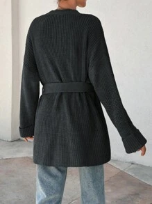 EURMUSE Women Oversize Asymmetric Shaped With Belt Detailed Rib Knitted Cardigan - Dark Grey - View 2