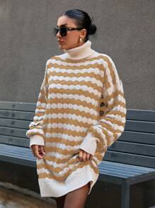 SHEIN Cottnline Knitwear Oversize Dress With Wavy Knit Pattern - Camel - View 6