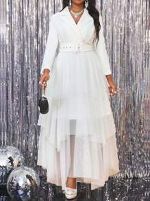 SHEIN Lady Áo khoác lưới dài tay màu trắng dệt nhiều lớp/nhiều tầng cỡ lớn cho mùa thu đông cỡ lớn, tay dài màu trắng, ren tương phản, tay dài 2024, thiết kế ve áo lớn, màu trơn, mới, thắt eo, giúp thon gọn, thời trang, thích hợp mặc vào mùa thu đông, váy đuôi cá cho nữ, váy dự tiệc cho nữ - trắng - Xem 1