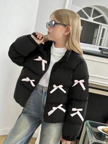 SHEIN Tween Girls Solid Black Color Stand Collar Casual Pink Bow Detail Winter Coat, Thickened Loose Fit Oversized Padded Coat, Super Warm
