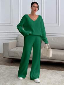 EURMUSE Women V-Neck OverSize Sweater And Knit Pant Set - Hijau - View 6