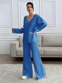 EURMUSE 女士 V 领宽松毛衣和针织裤套装 - 藍色 - 查看 5