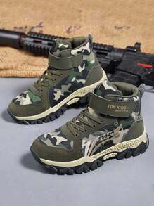 儿童迷彩军绿色靴子，防滑耐用户外靴，带保暖衬里，舒适柔软减震保护脚靴，男女通用时尚可爱设计 - 彩色 - 查看 6