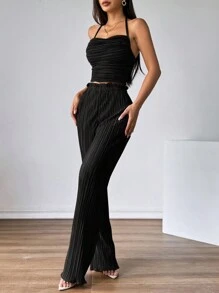 Firerie 2pcs Women Halter Neck Tie Up Camisole & Elastic Waist Pants Suit Set