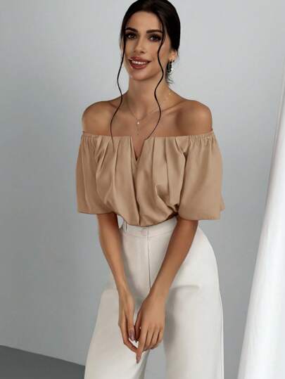 Aloruh 纯色露肩 V 领褶皱短款衬衫，夏季