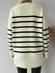 EURMUSE Striped Pattern Drop Shoulder Sweater - Beige - View 2
