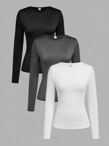 Sparklyn 3件套少女优雅休闲百搭纯色长袖修身T恤套装，百搭易配 - 彩色 - 查看 1