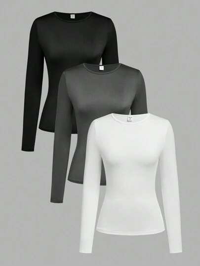 Sparklyn 3pcs/Set Teen Girls Elegant Casual All-Match Solid Color Long Sleeve Fitted T-Shirt Combo, Versatile & Easy To Match
