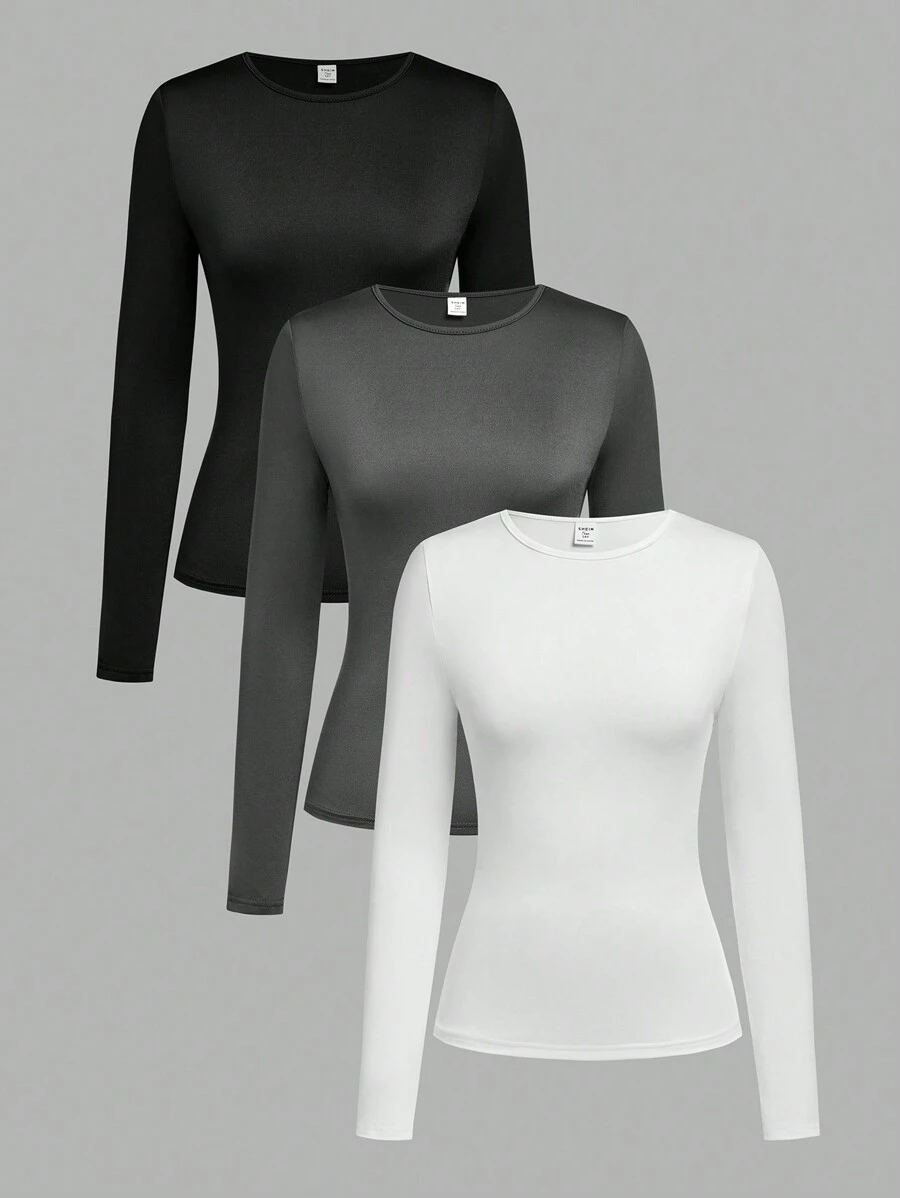 Sparklyn 3件套少女优雅休闲百搭纯色长袖修身T恤套装，百搭易配 - 彩色 - 查看 1