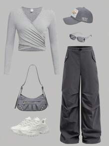Tween Girl Plain V-Neck Gather Long Sleeve T-Shirt With Plain Cargo Pants Set - Grey - View 1