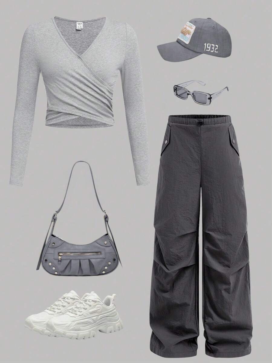 Tween Girl Plain V-Neck Gather Long Sleeve T-Shirt With Plain Cargo Pants Set - Grey - View 1