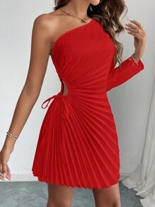 Firerie 女士优雅纯色不对称领口褶皱迷你连衣裙，秋季 - 紅色 - 查看 5