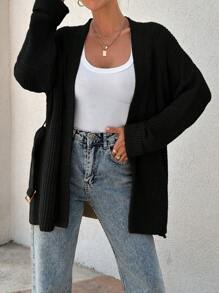 EURMUSE Women Oversize Asymmetric Shaped With Belt Detailed Rib Knitted Cardigan - Black - View 5