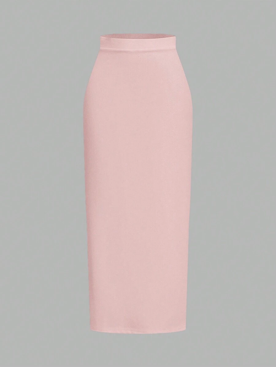 Firerie 女士纯色直筒休闲高腰半身裙 - 藕粉色 - 查看 1