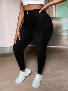 SHEIN SXY Plus Size Women Pocket Decor Skinny Casual Jeans