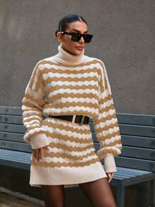 SHEIN Cottnline Knitwear Oversize Dress With Wavy Knit Pattern - Camel - View 4