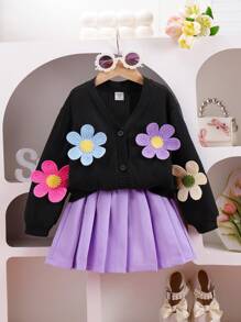 Elladie kids 2 件套少女套装：花卉图案针织开衫和百褶裙，时尚甜美休闲装，Ins 灵感时尚 - 黑色 - 查看 7