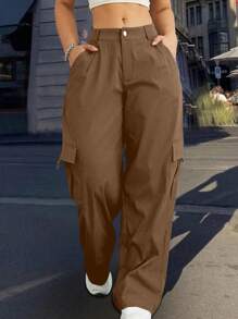 Plus Size Women Solid Color Straight Loose Casual Cargo Pants