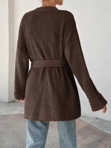 EURMUSE Women Oversize Asymmetric Shaped With Belt Detailed Rib Knitted Cardigan - Brown - View 2