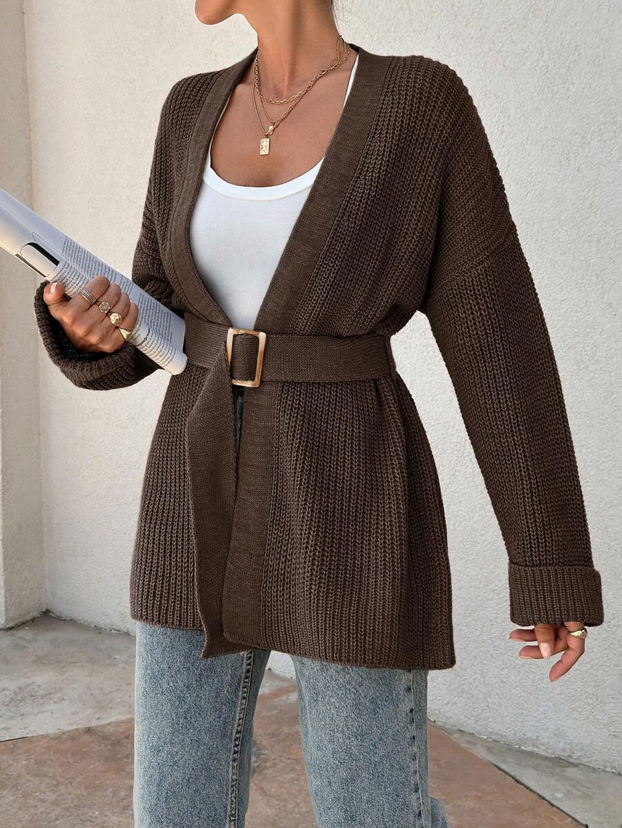 EURMUSE Women Oversize Asymmetric Shaped With Belt Detailed Rib Knitted Cardigan - Brown - View 1