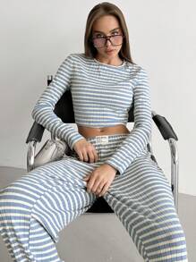 Aloruh Set de 2 piezas para mujer: Conjunto casual de sudadera a rayas + pantalones sueltos