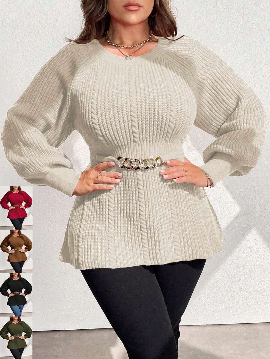 SHEIN Unity 大码休闲日常简约腰部插肩袖毛衣，秋冬针织套头衫 - 杏色 - 查看 1